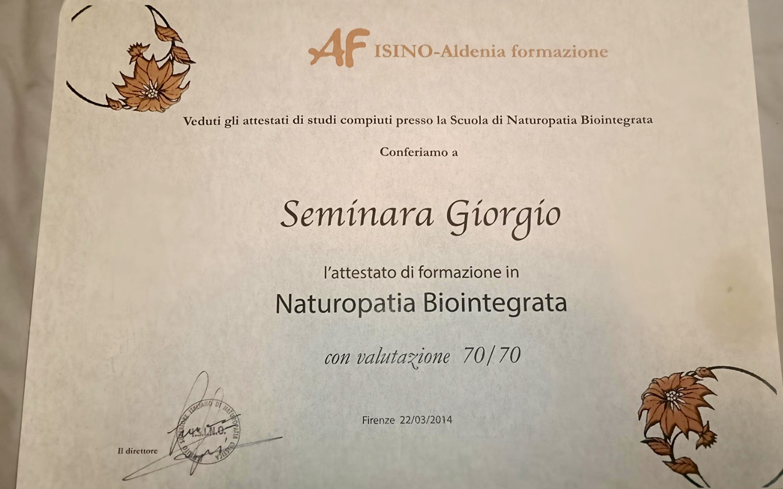 Naturopatia Biointegrata — valutazione 70/70 — ISINO–Aldenia Formazione