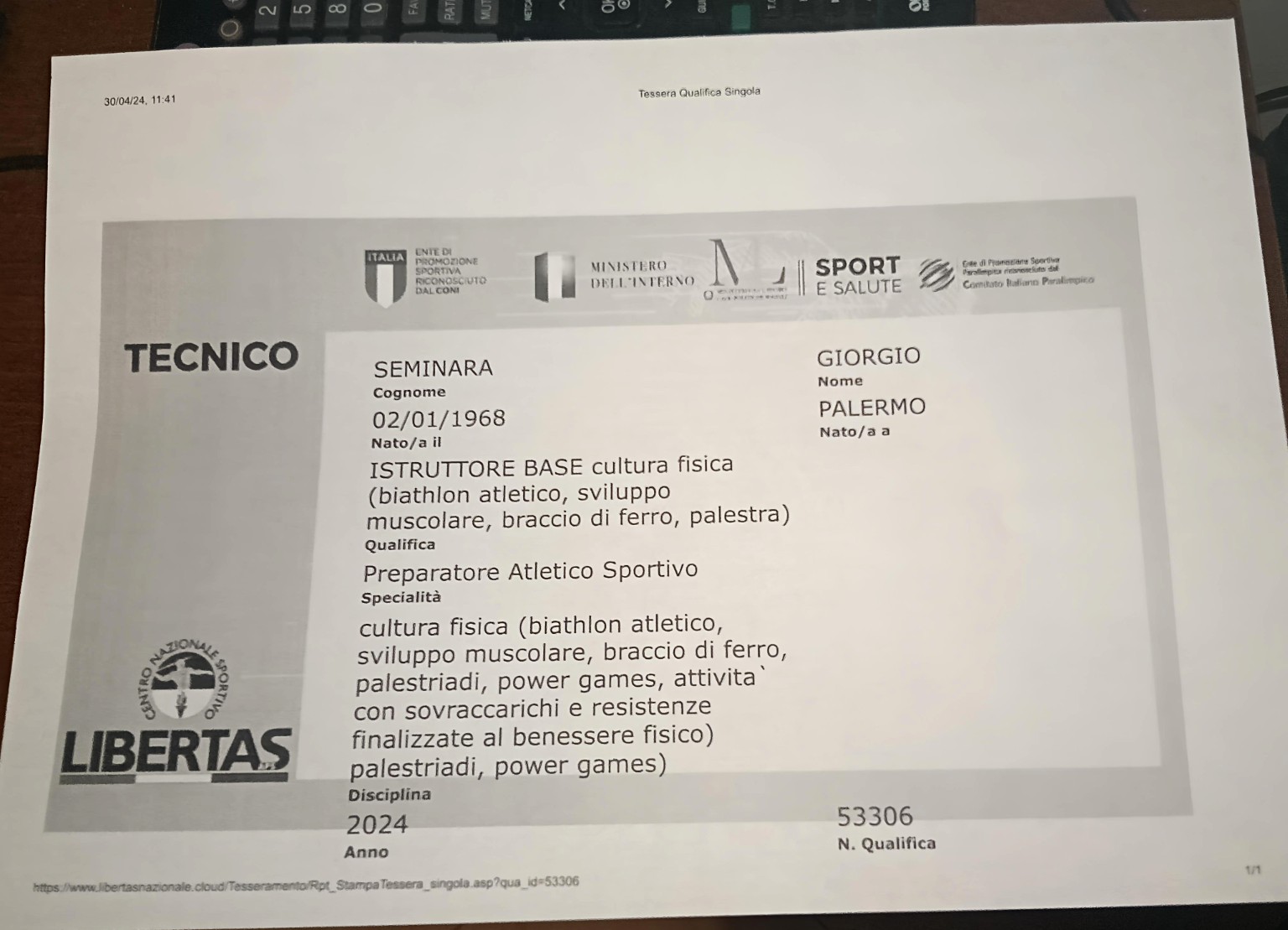 Tecnico — Preparatore Atletico Sportivo — Libertas / EPS riconosciuto CONI